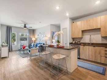 Wood inspired, luxury vinyl plank flooring in the kitchen, bathroom and living areas